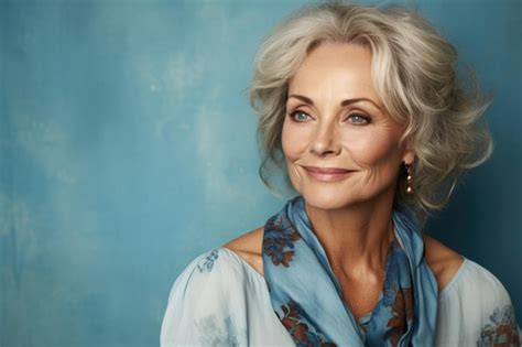 Premium Photo Beautiful Senior Woman Portrait In Calm Background Aged Blonde Lady With Blue