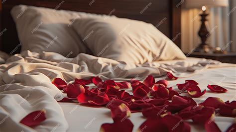 Premium Photo Rose Petals On A Bed In A Hotel Room Romantic Background