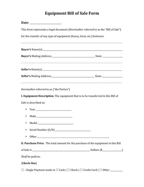 Printable Bill Of Sale Form For Equipment