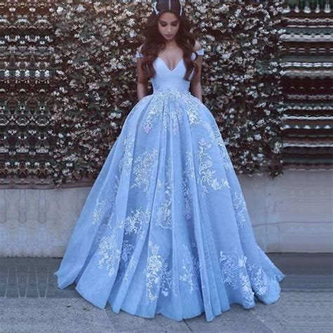 Light Blue Prom Dress A Line V Neck Light Blue Appliques Long Tulle