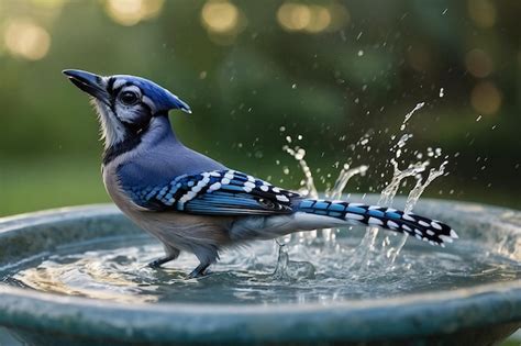 Premium Photo | Blue jay in a bird bath splashing water