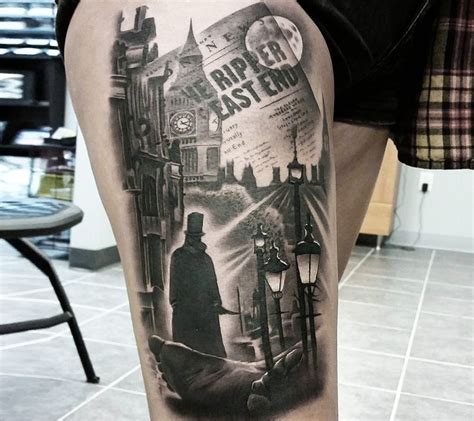 a man's leg with a black and white photo on it that says rip off last em