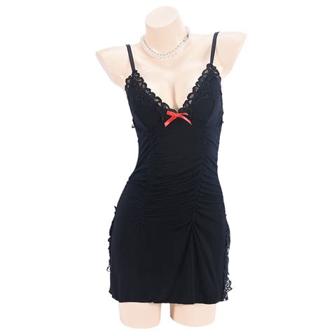 Generic Lingerie Sexy Seduction Lace Stitching Contrast Color Bow Split Sling Dress Sexy