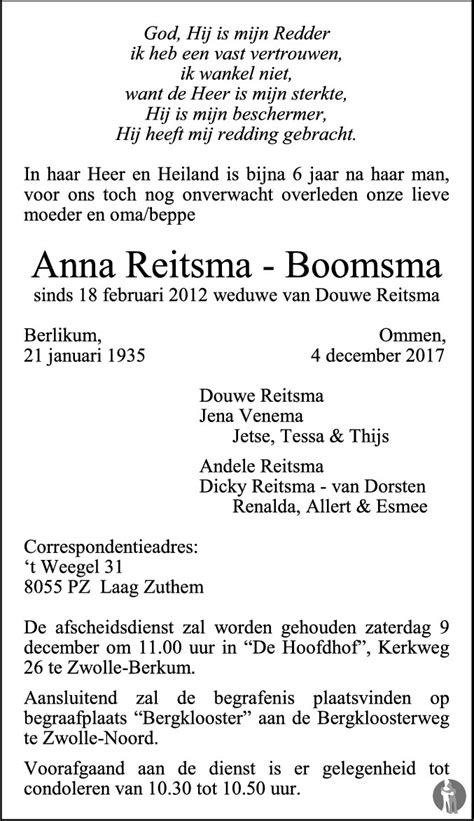 Anna Reitsma Boomsma 04 12 2017 Overlijdensbericht En Condoleances