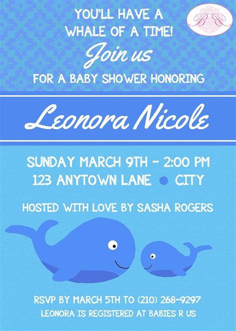 Blue Whale Baby Shower Invitation Boy Ocean Fish Swimming Swim Pool