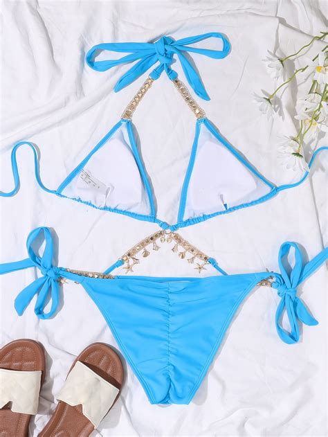 SHEIN Swim SXY Bañador bikini vinculado con cadena halter triángulo con