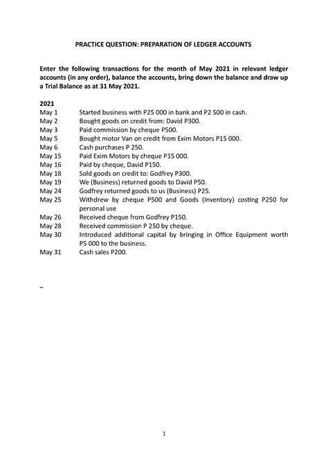 Practice Question And Answer Preparation Of Ledger Accounts Practice