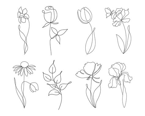 Line art, a set of contour flowers. Black line on a white background. Illustration, vector ...