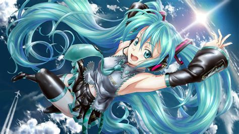 Hình Nền Anime Đám Mây Hatsune Miku Tóc Dài Ca Sĩ Váy Mặt Trời Cà Vạt đồng Phục