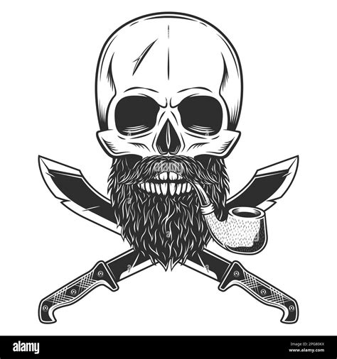 Skull smoking pipe with beard and mustache with crossed machete sharp
