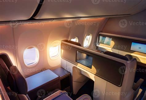 Modern airplane interiors, luxury first class and business class seats