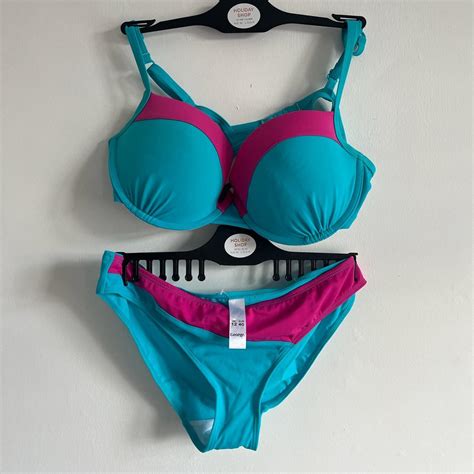 Turquoise Bikini Asymmetric Pink Detail Brand Depop