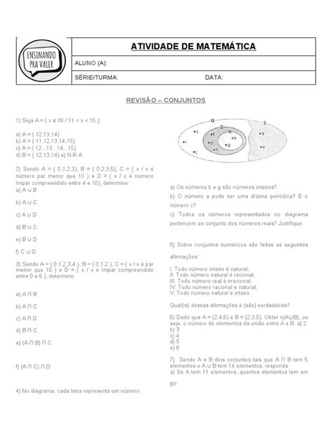 Conjuntos Numericos Exercicios 9 Ano - 9o Ano - Exercícios - Conjuntos Numéricos - REVISÃO GERAL | PDF ...