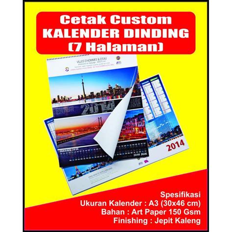 Jual Jasa Cetak Kalender Dinding Satuan Ukuran A3 30 46 7 Halaman