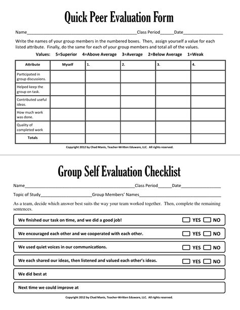 Quick Peer Evaluation Form Group Self Evaluation Checklist