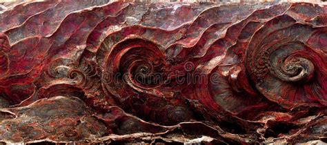 Fossilized Ammonite Sea Shell Spirals Embedded Into Dark Scarlet Red