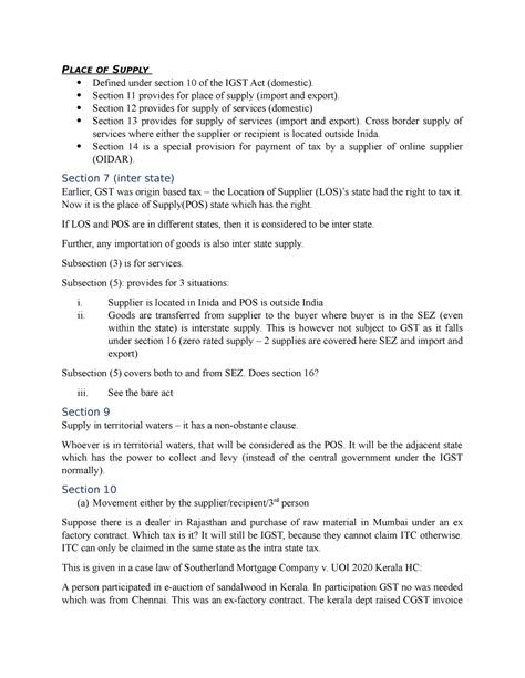 CA2 Notes Of Taxation Supply In Gst PLACE OF SUPPLY Defined Under