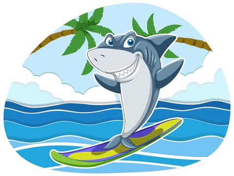 Lindo tiburón surf dibujos animados océano escena Vector Gratis