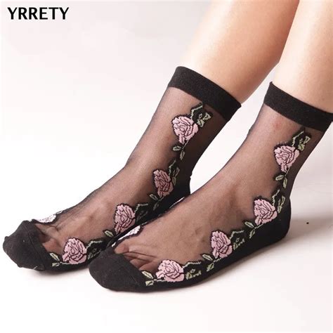 Yrrety Women Summer Socks Lace Floral Mesh Elastic Nylon Socks Fashion High Quality Thin Silk