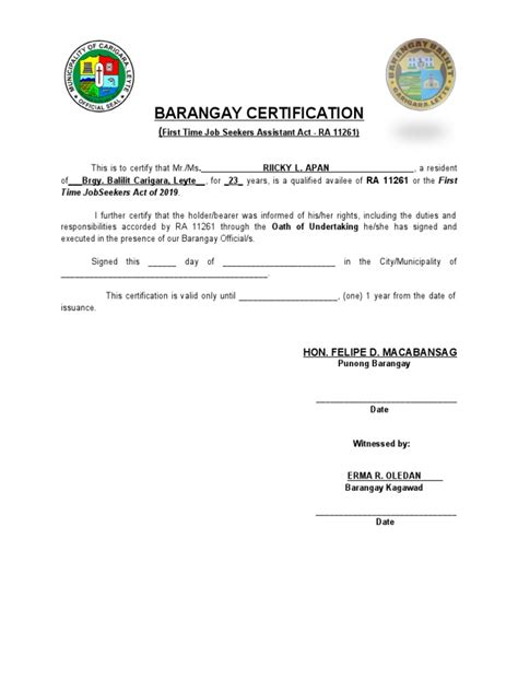 Barangay Certification Template Pdf