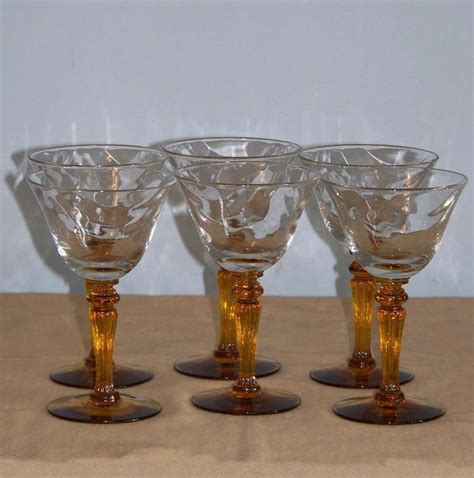 6 Tiffin 15071 Optic Cordial Liqueur Goblets Amber Stems Crystal Stemware Vintage Antique