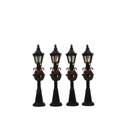 Christmas Village Set of 4 Battery Operated Street Lights Lamps with Wreath House Crosslight ...