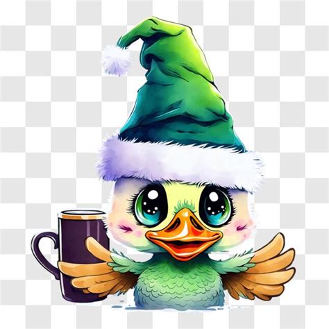 Baixe Pato de desenho animado festivo chapéu de Papai Noel e café