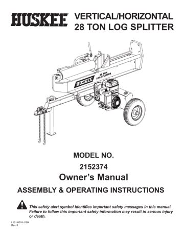 Huskee Log Splitter 28 Ton Owners Manual Model 2152374 Manualzz