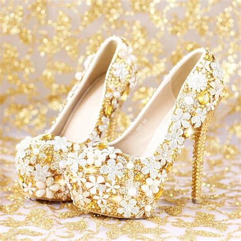 Glitter Gold Rhinestone Wedding Shoes 5 Inches High Heel Party Pumps Bling Diamond Evening Prom