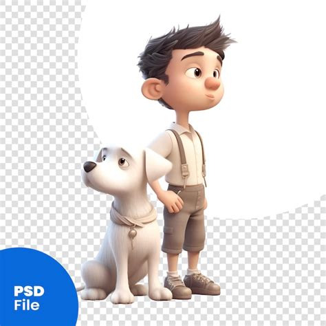 Renderização em 3d de um menino e um cachorro em um modelo psd de fundo