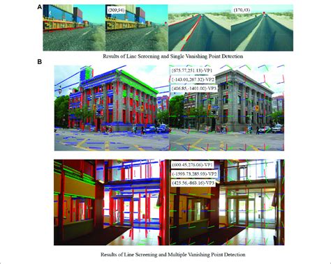 | Results of line screening and vanishing point detection. (A) Results ...