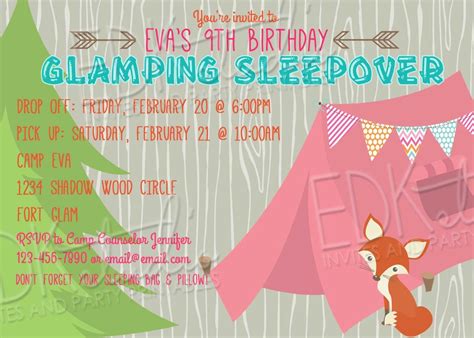 Glamping Camping Birthday Party Invitation Sleepover Tween Teen