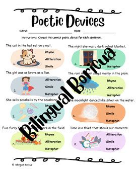 Poetic Devices Rhyme Alliteration Simile Metaphor Worksheets Unit