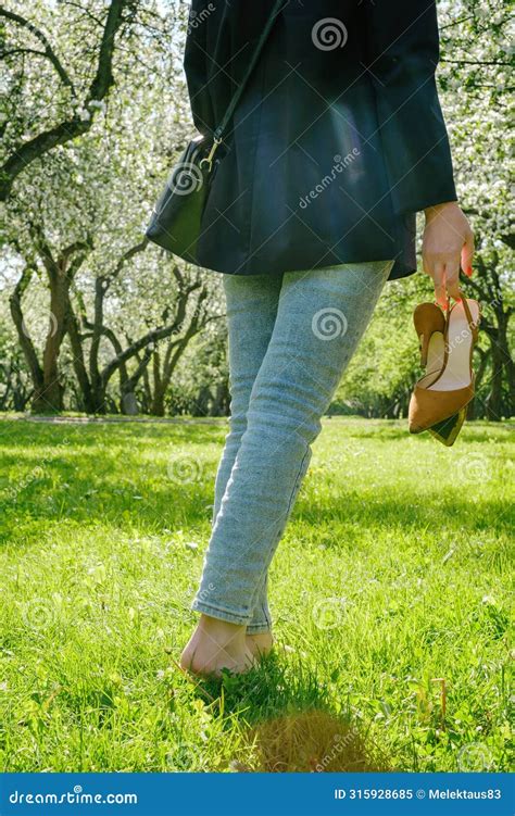 Woman Walking Barefoot on Green Grass Stock Image - Image of nature ...