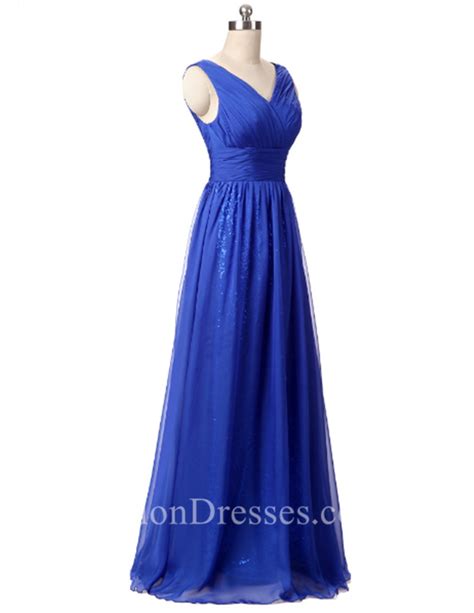 Elegant Sheath V Neck Long Royal Blue Chiffon Ruched Prom Dress