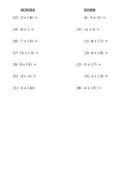 Adding Integers Crossword Puzzle Activity Worksheet Tpt