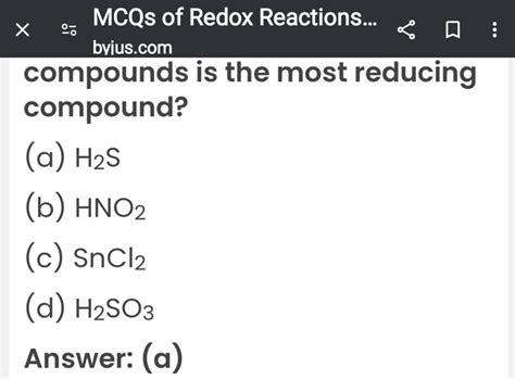 MCQs Of Redox Reactions Byius Compounds Is The Most Reducing