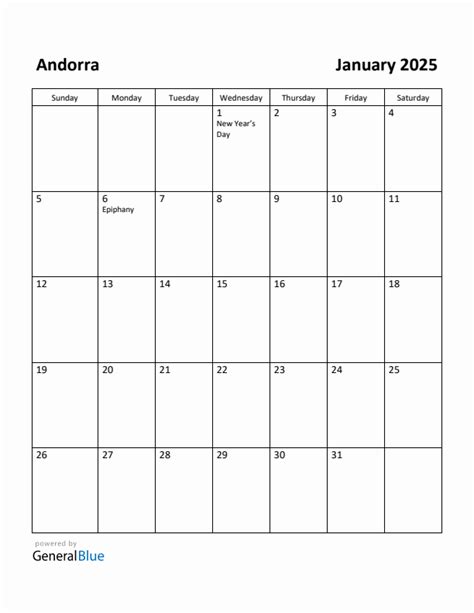 Free Printable January 2025 Calendar For Andorra