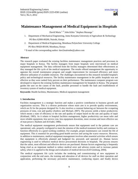 Pdf Maintenance Management Of Medical Equipment In Hospitals