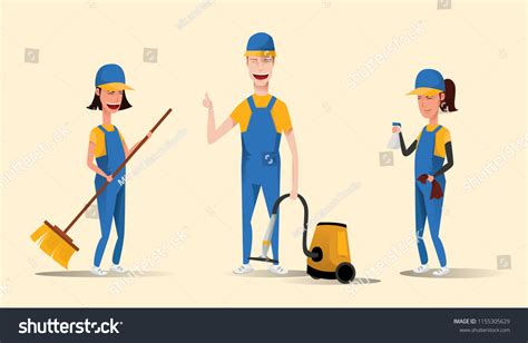 Cleaning Service Staff Smiling Cartoon Characters Stock Vector (Royalty ...