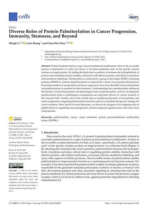 Pdf Diverse Roles Of Protein Palmitoylation In Cancer Progression