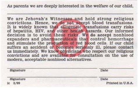 Jehovah Witness Blood Transfusion Chart