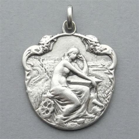 FRENCH MEDAL NUDE Woman Marianne Female Art Nouveau Large Pendant