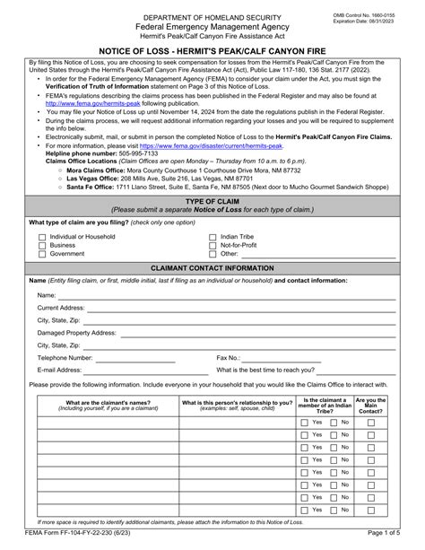 Fema Form Ff 104 Fy 22 230 Download Fillable Pdf Or Fill Online Notice Of Loss Hermits Peak