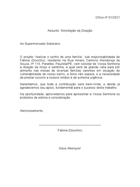 Modelo De Solicitação De Doação - Ofício Docinho Solicitação de Doação | PDF