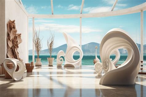 Premium Photo | Seaside art exhibition with sculptures and Generative ai