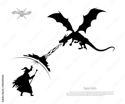 Black Silhouette Of Battle Of Wizard With Dragon On White Background