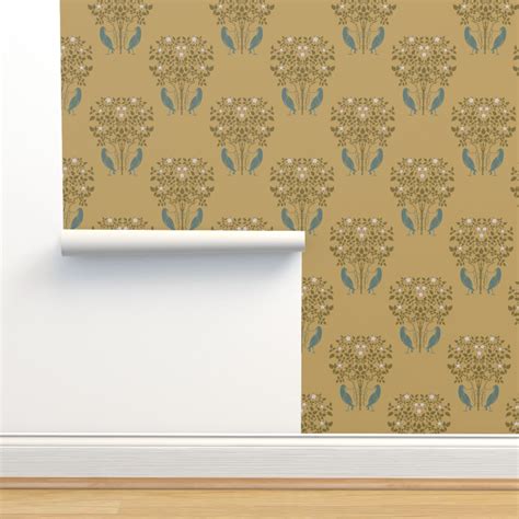 Cfa Voysey Birds And Roses Mustard Wallpaper Spoonflower