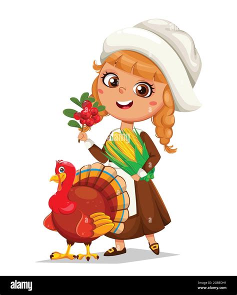 Happy Thanksgiving Day. Cute little pilgrim girl and turkey bird ...