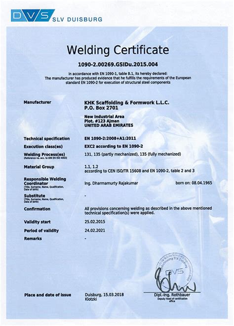certificates khk scaffolding formwork  llc